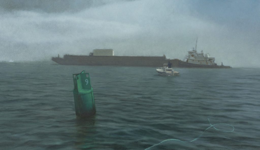 Barge in the Fog, Oil on Panel, 13 x 22.5 inches, 2017