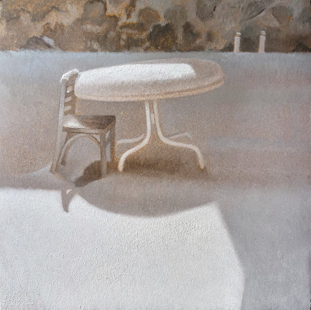Table with Snow Study, Oil on Panel, 5 x 5 inches, 2022