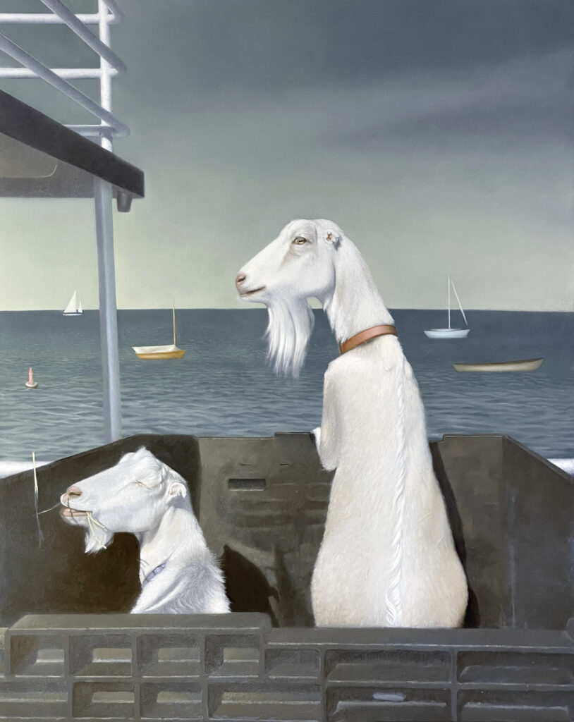 Goats on a Boat, Oil on Panel, 20 x 16 inches, 2024